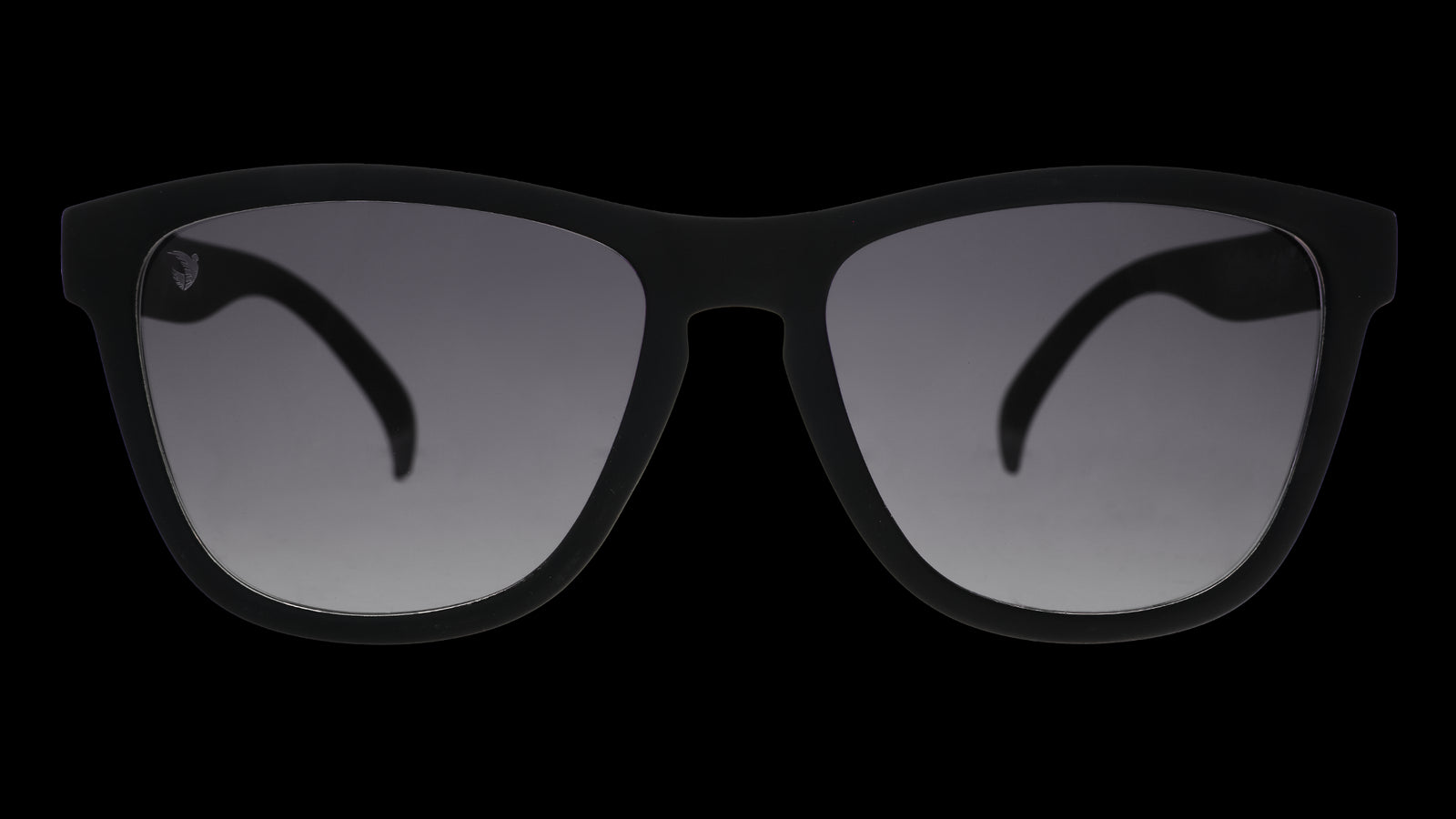 Front view of black and pink sunglasses with black gradient lenses.