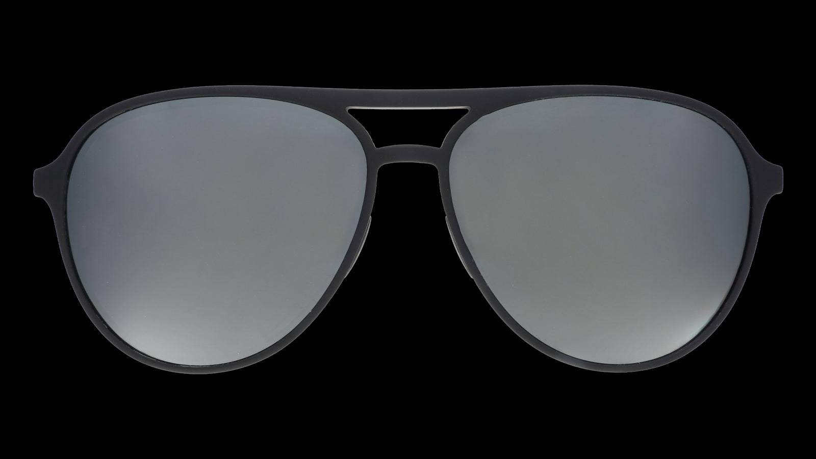 Front view of aviator sunglasses with black frames and chrome reflective lenses on a white background.