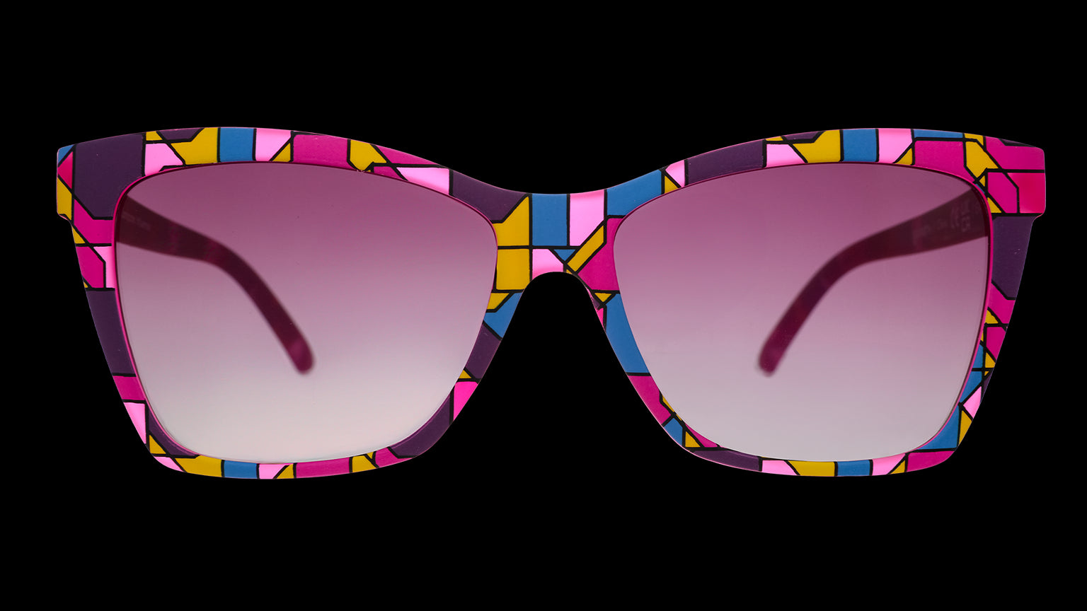 Front angle view of a pair of purple Pop G sunnies with a colorful stained glass-inspired design and purple gradient lenses.