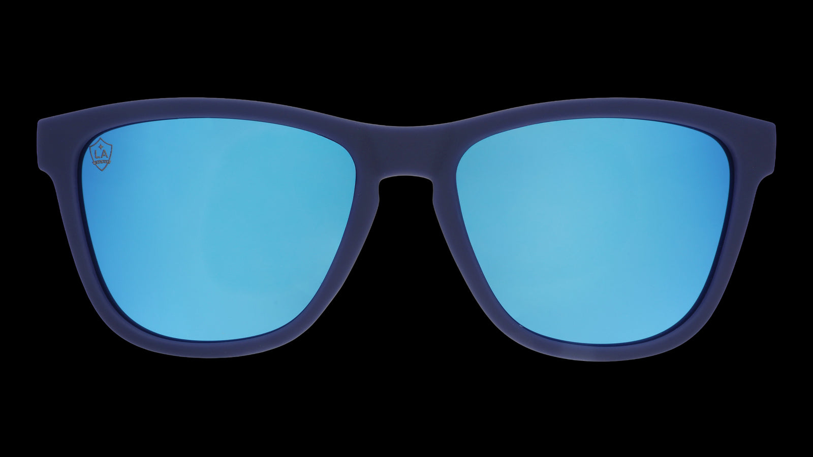 Front view of Major League Soccer LA Galaxy shades. Navy front frame. Blue reflective lenses.