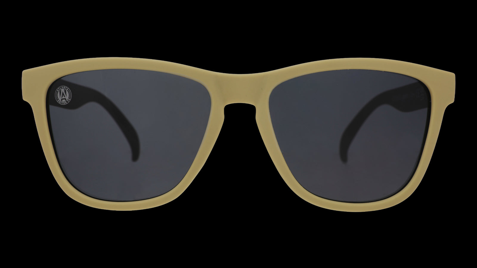Front view of Major League Soccer Atlanta United shades. Gold front frame. Black non-reflective lenses.