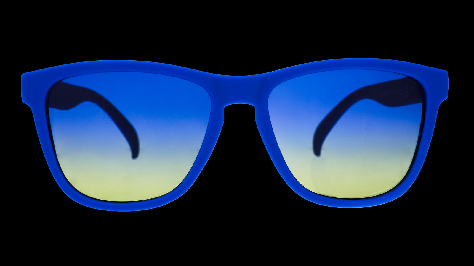 Front view of classic blue sunglasses with blue-yellow ocean lenses.