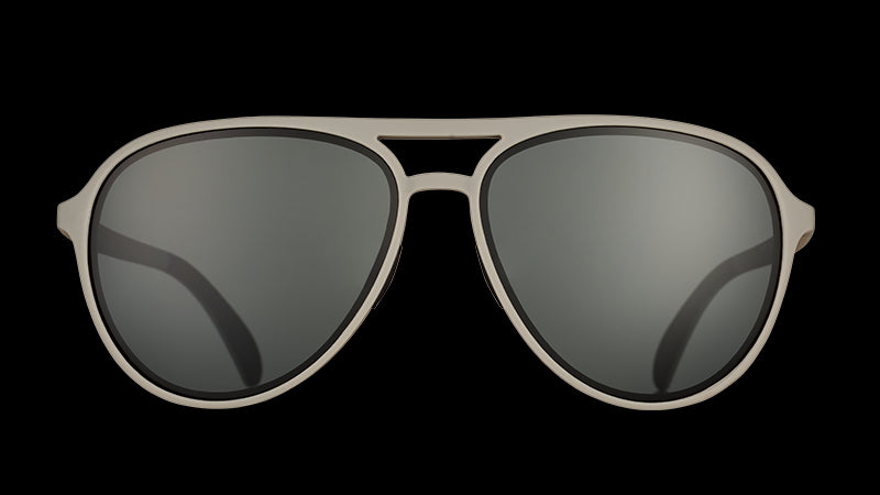 Front view of gray aviator sunglasses with non-reflective black lenses on a white background.