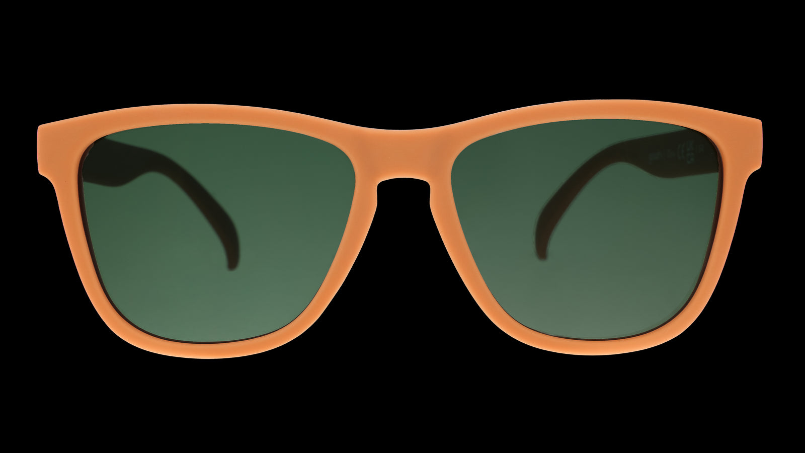 Front view of classic brown sunglasses with green non-reflective lenses.