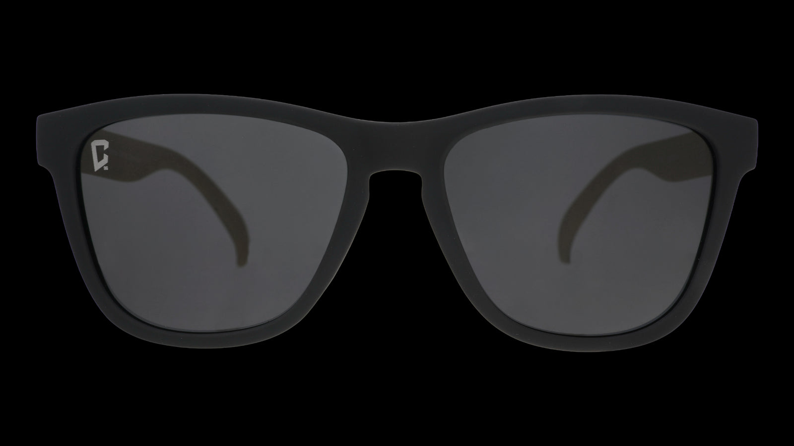Front view of Major League Soccer Columbus Crew shades. Black front frame. Black non-reflective lenses.