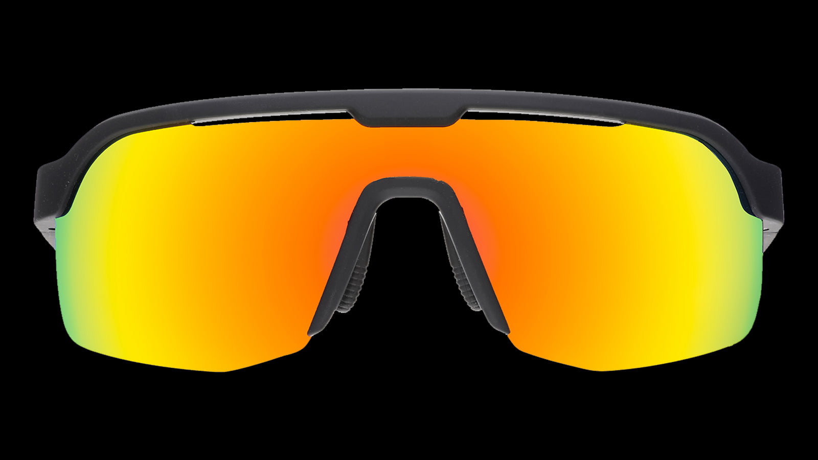 Sunglasses with black frame and orange-tinted lenses on a white background