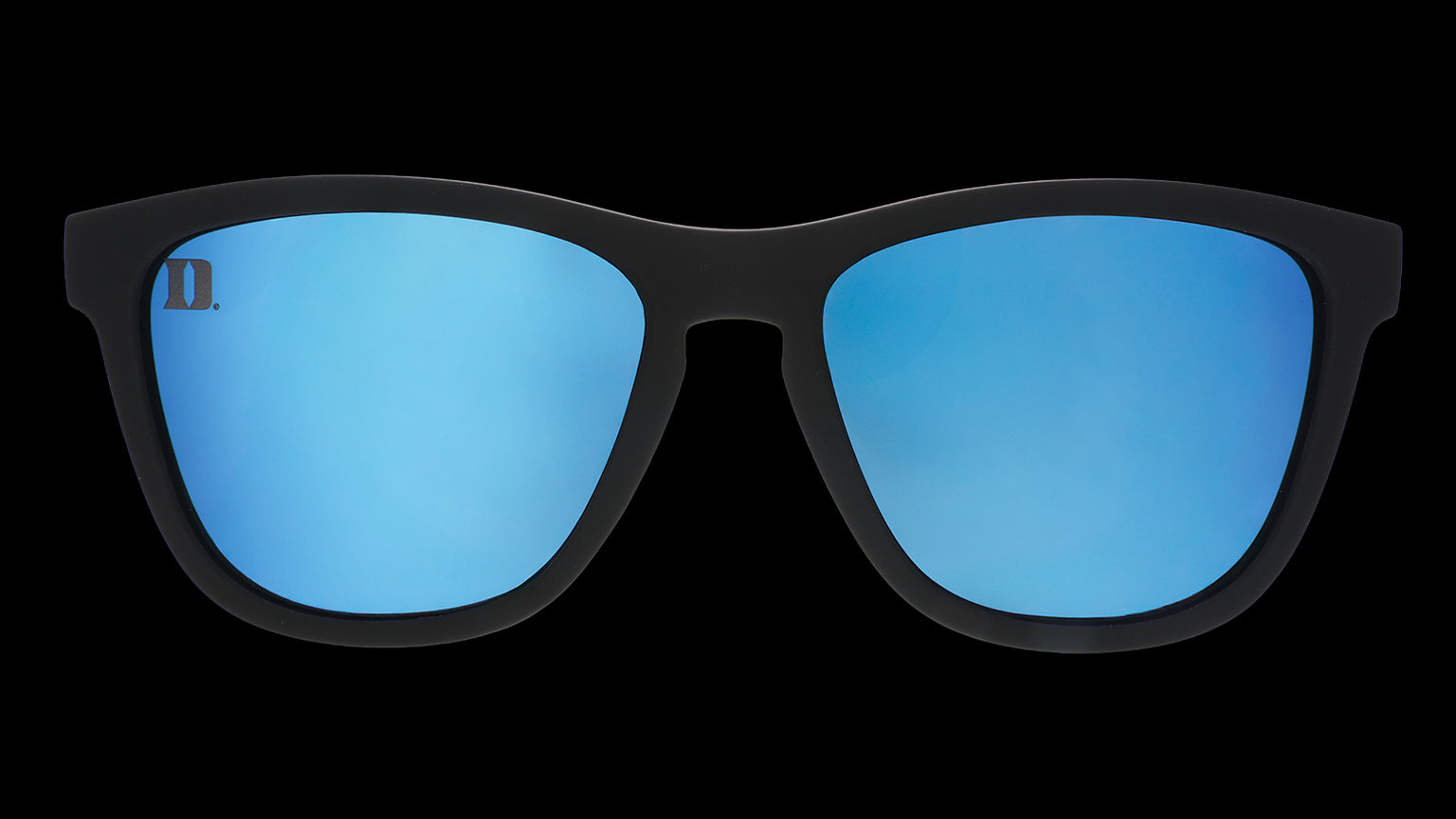 Front view of blue and black Duke University® Blue Devils® sunglasses with blue lenses.