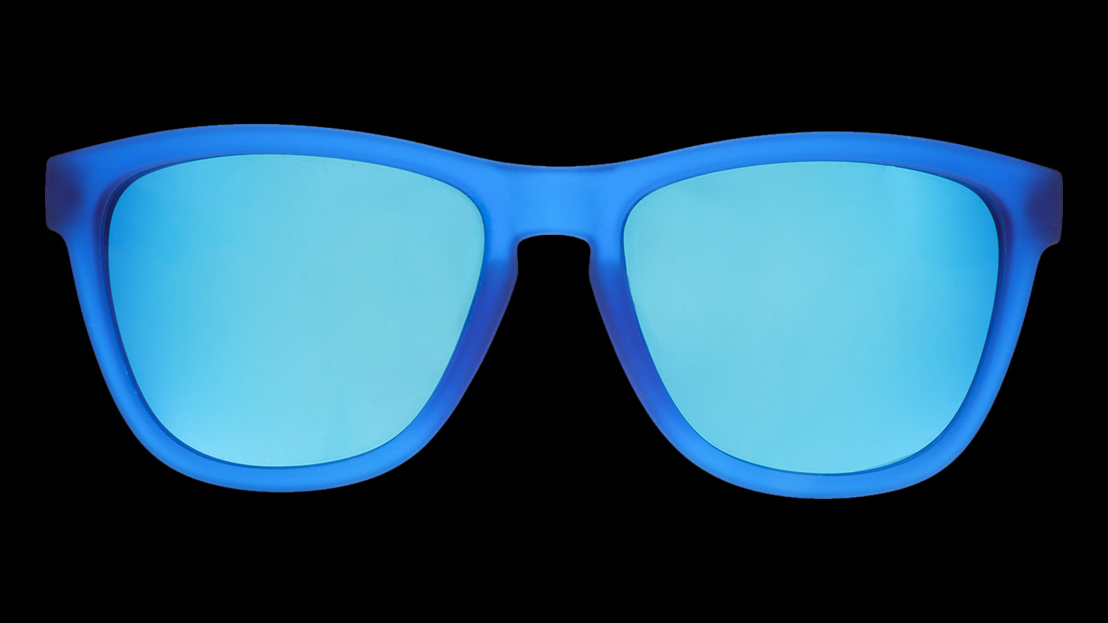 Front view of square-framed bright blue sunglasses with blue reflective lenses on a white background.