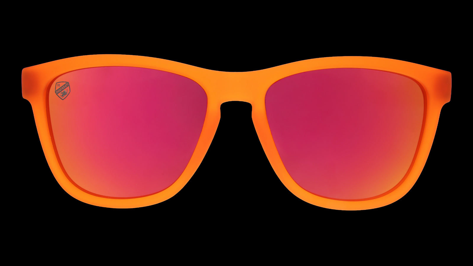 Front view of Major League Soccer FC Cincinnati shades. Orange front frame. Burnt orange lenses.