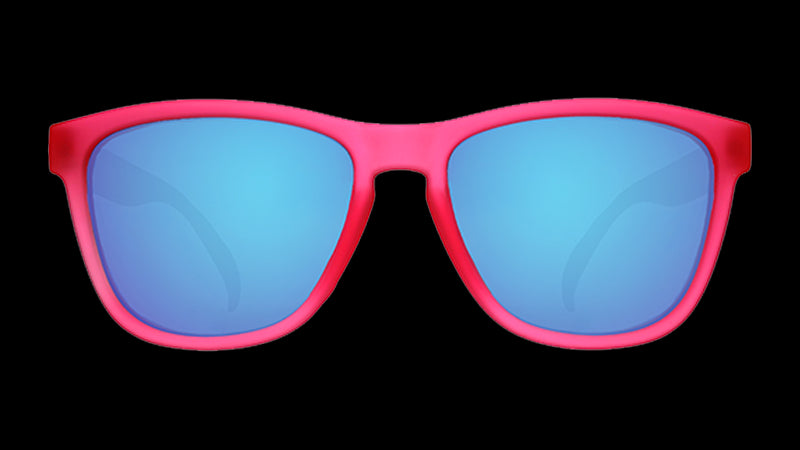 Front angle view of pink sunglasses with teal reflective lenses/