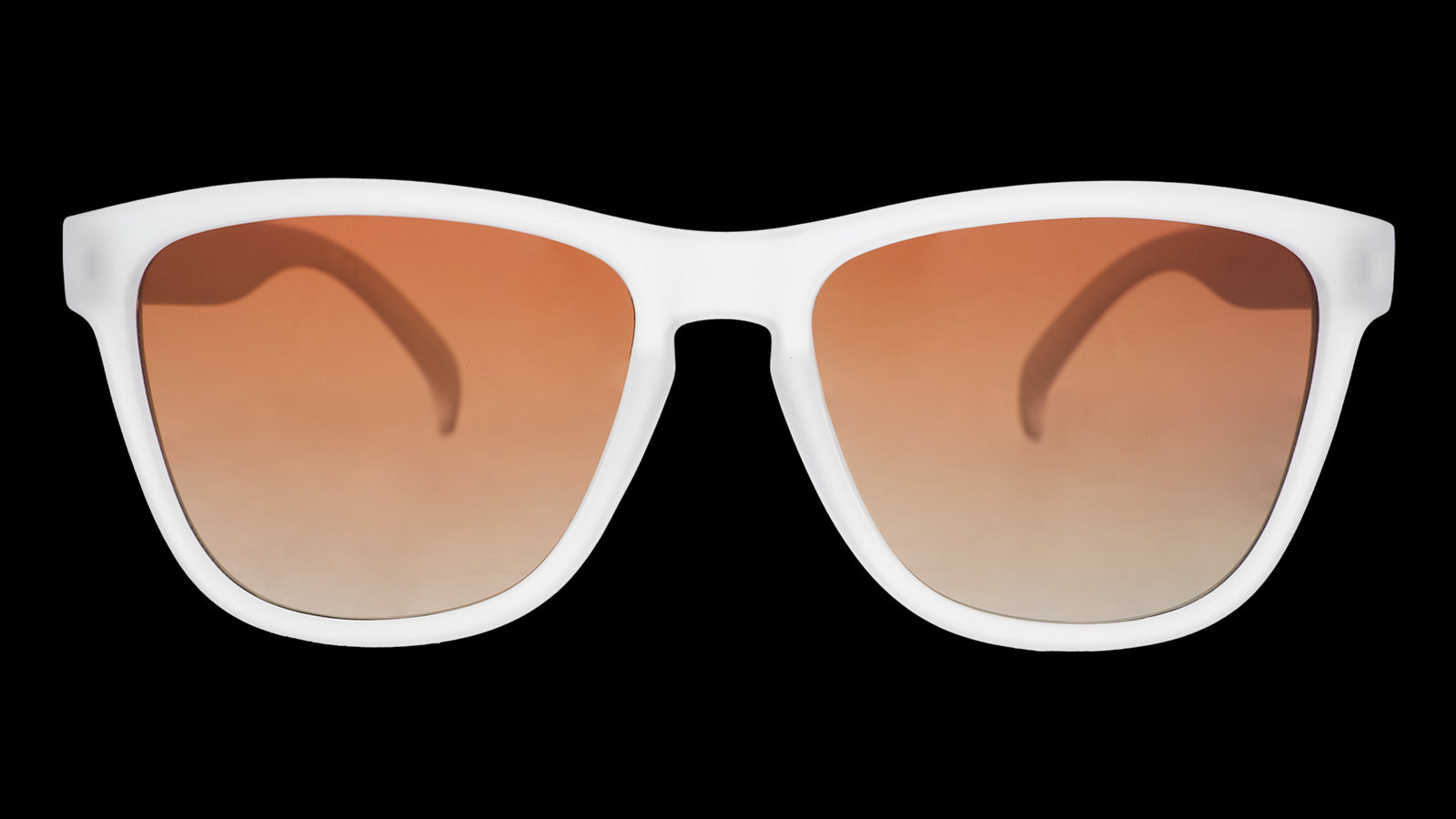 Front-facing view of a pair of clear sunglasses in a classic frame shape with brown gradient lenses. 