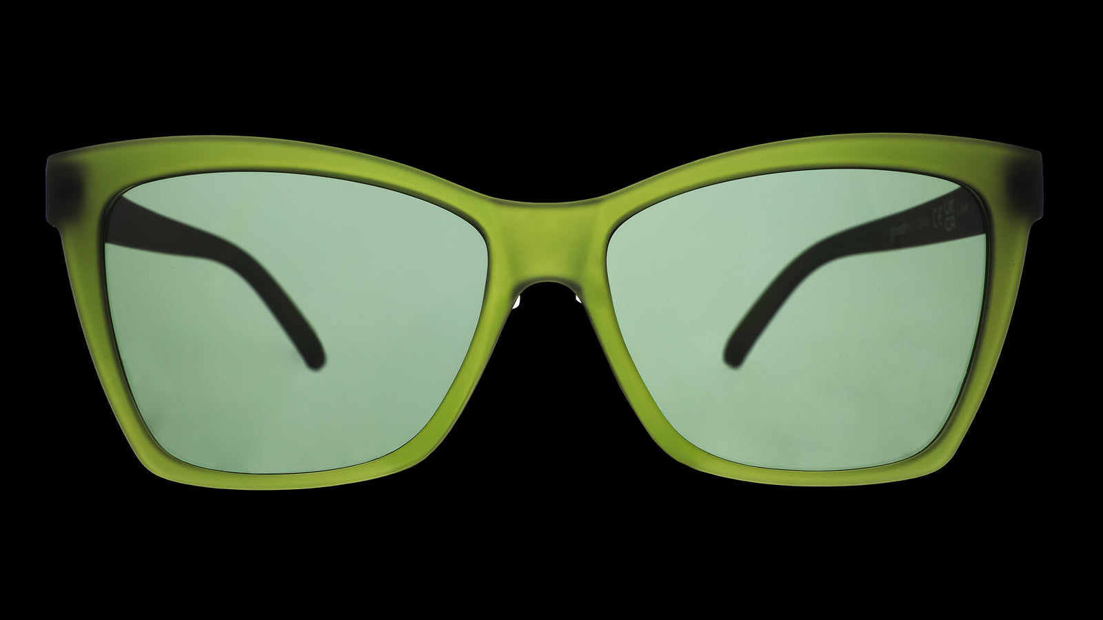 Front view of translucent dark green angular sunglasses with green non-reflective lenses.