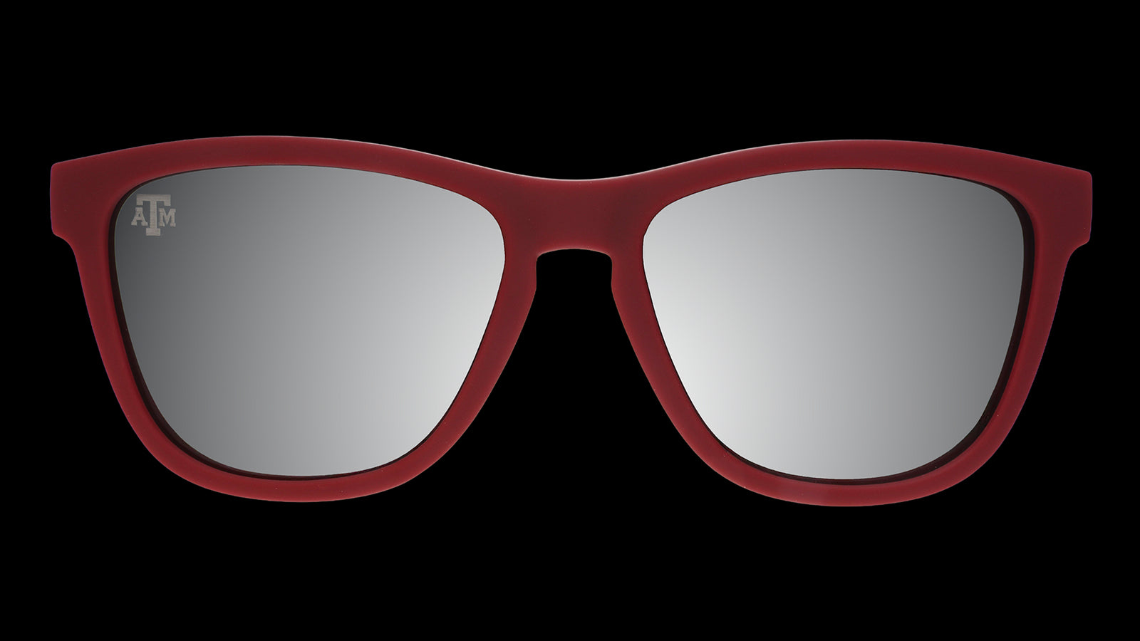 Front view of Texas A&M® Aggies™ sunglasses with a burgundy front frame and chrome lenses.