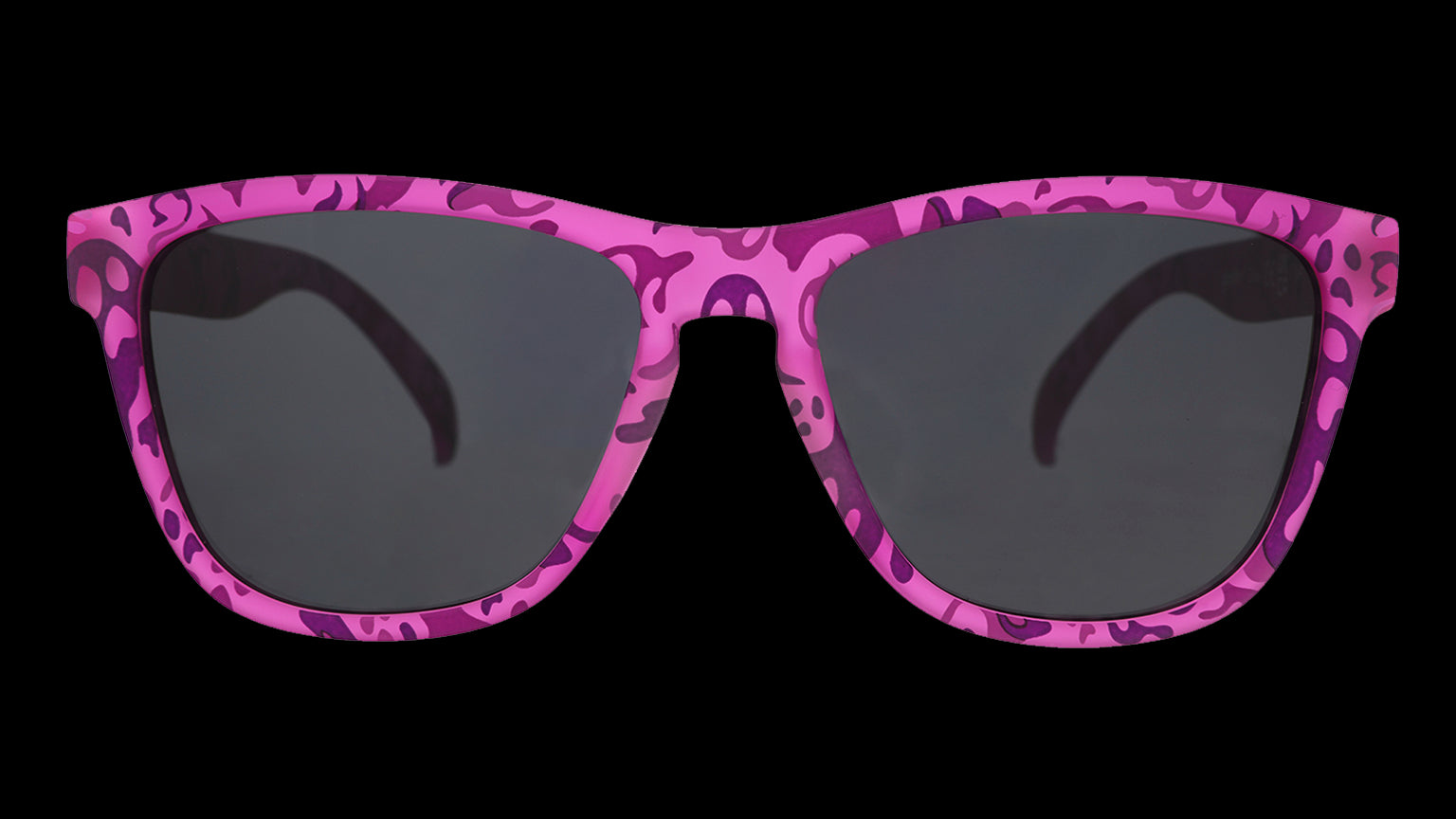 Front view of purple sunglasses featuring a phantom print and black non-reflective lenses.