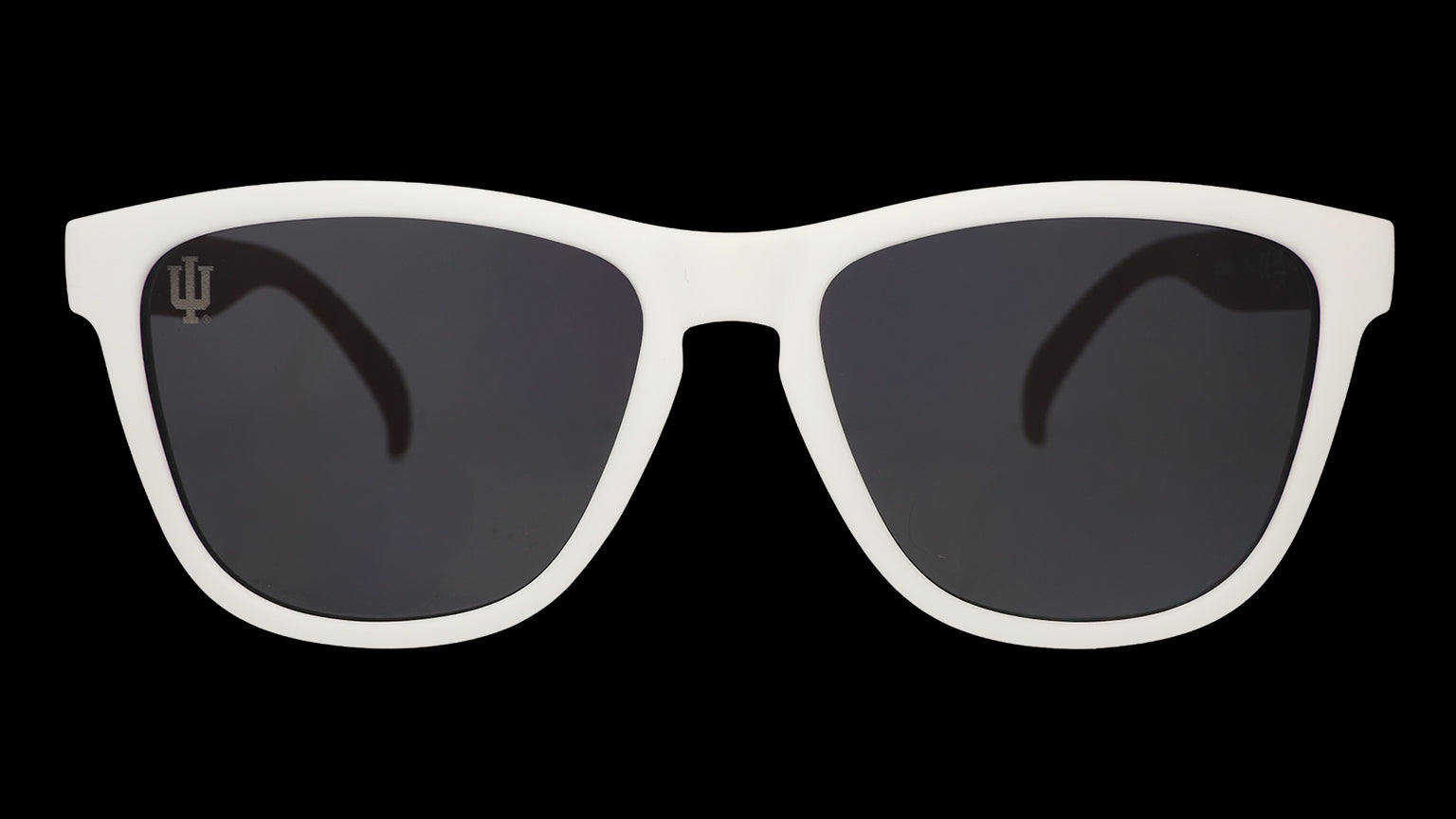 Front view of Indiana University® shades with a white frame and black lenses.