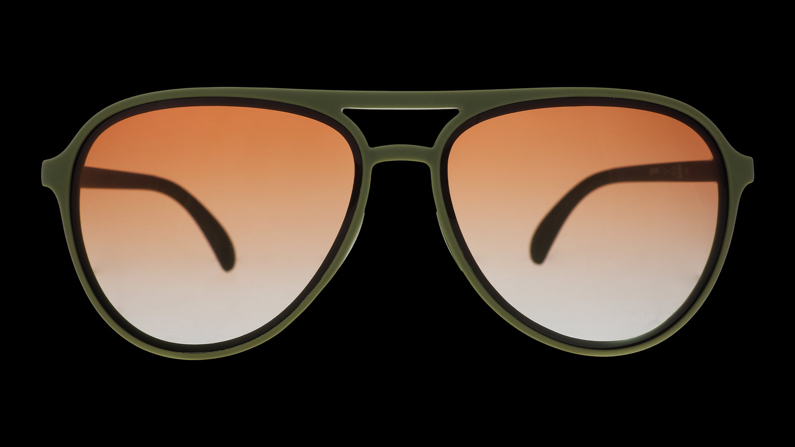 Front view of green aviator sunglasses with amber gradient lenses.
