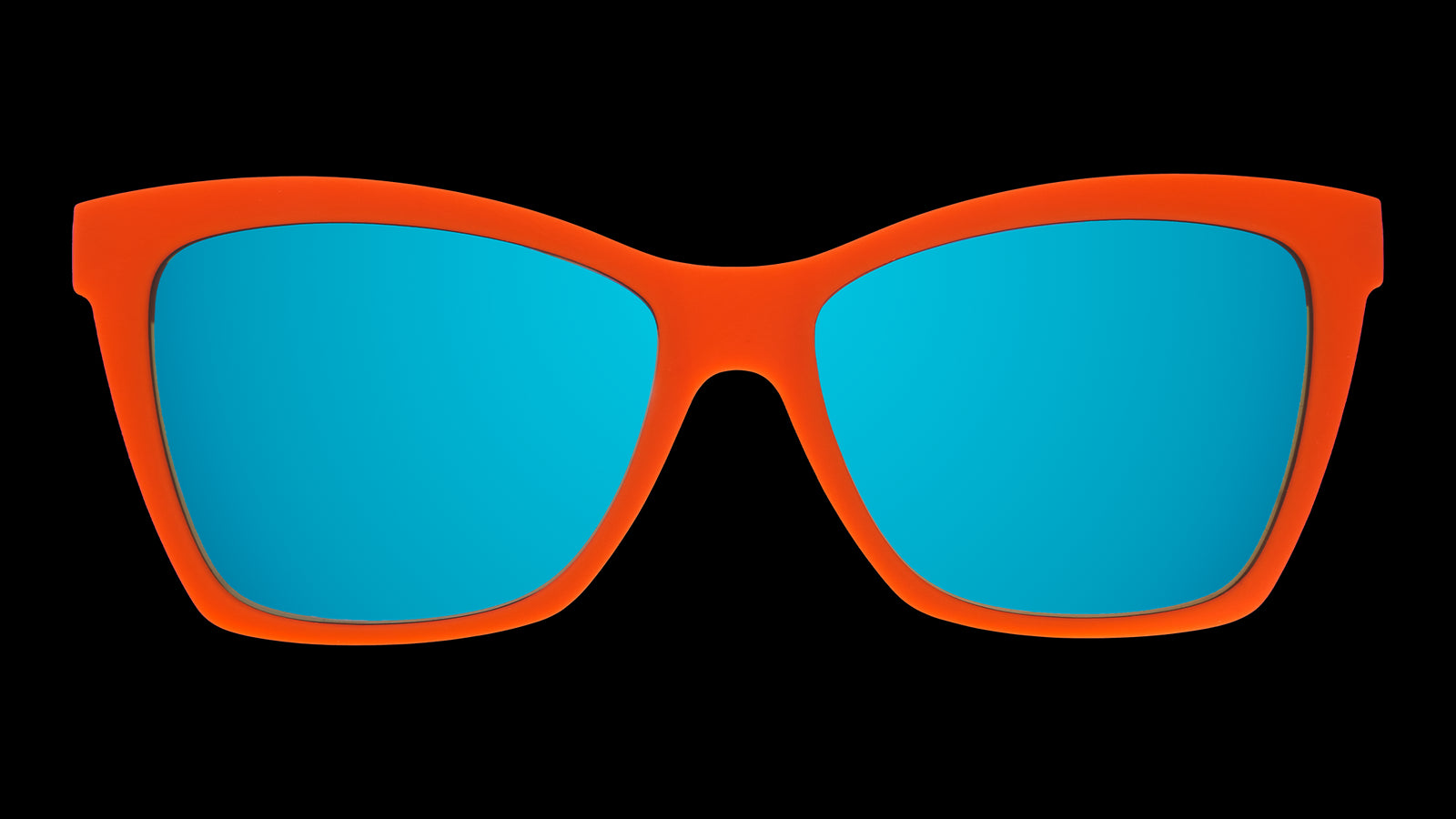 Front view of red angular sunglasses with blue reflective lenses.