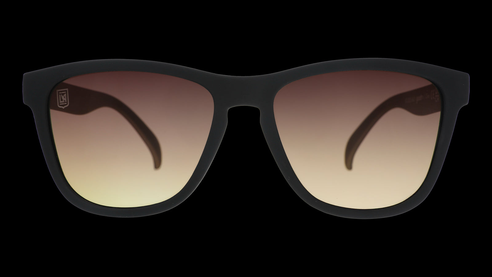 Front view of LAFC Major League Soccer sunglasses with black front frame and gray-yellow lenses.