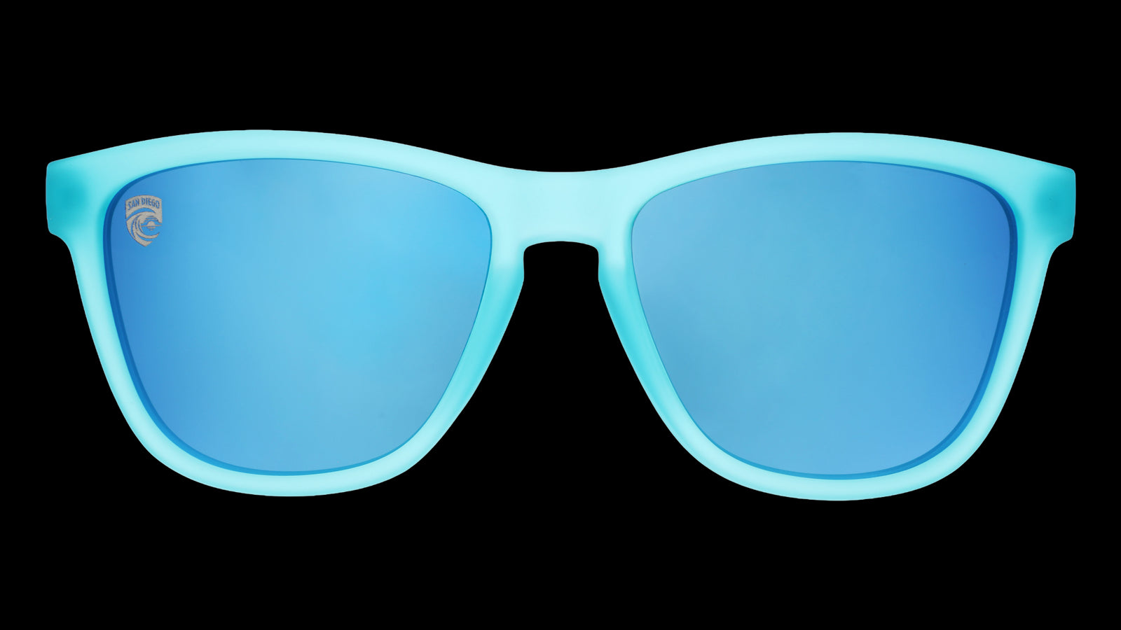 Blue sunglasses with blue reflective lenses on a white background