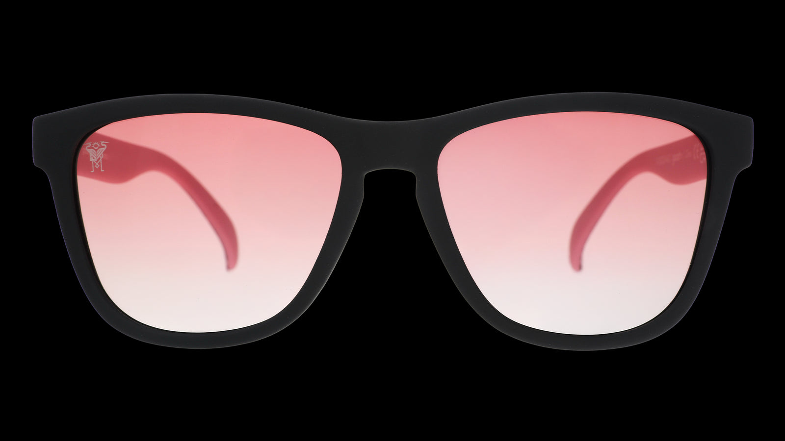 Front view of Inter Miami CF Major League Soccer sunglasses with black and pink frames and rose lenses.