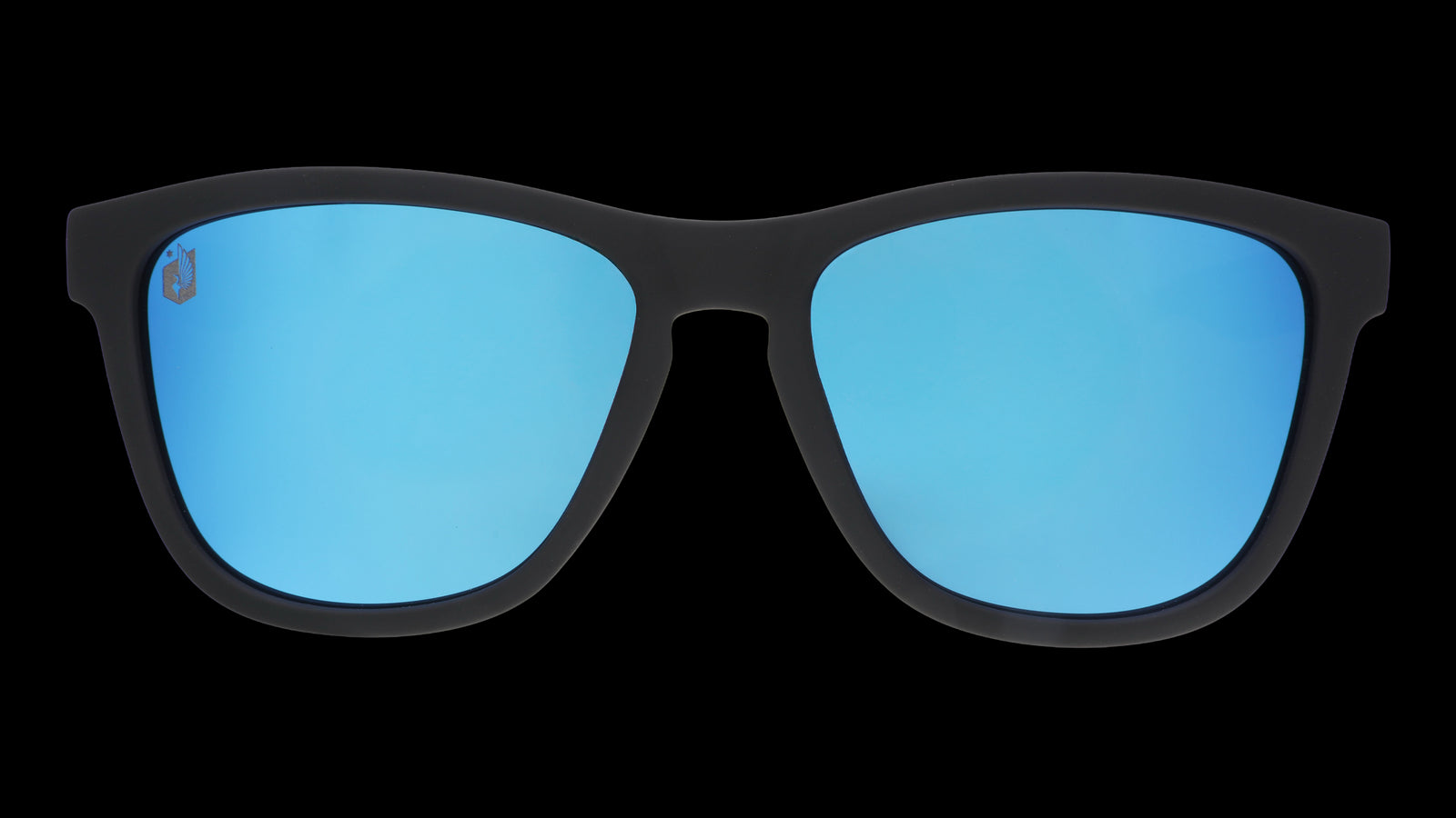 Front view of Major League Soccer Minnesota United FC shades. Navy front frame. Blue reflective lenses.