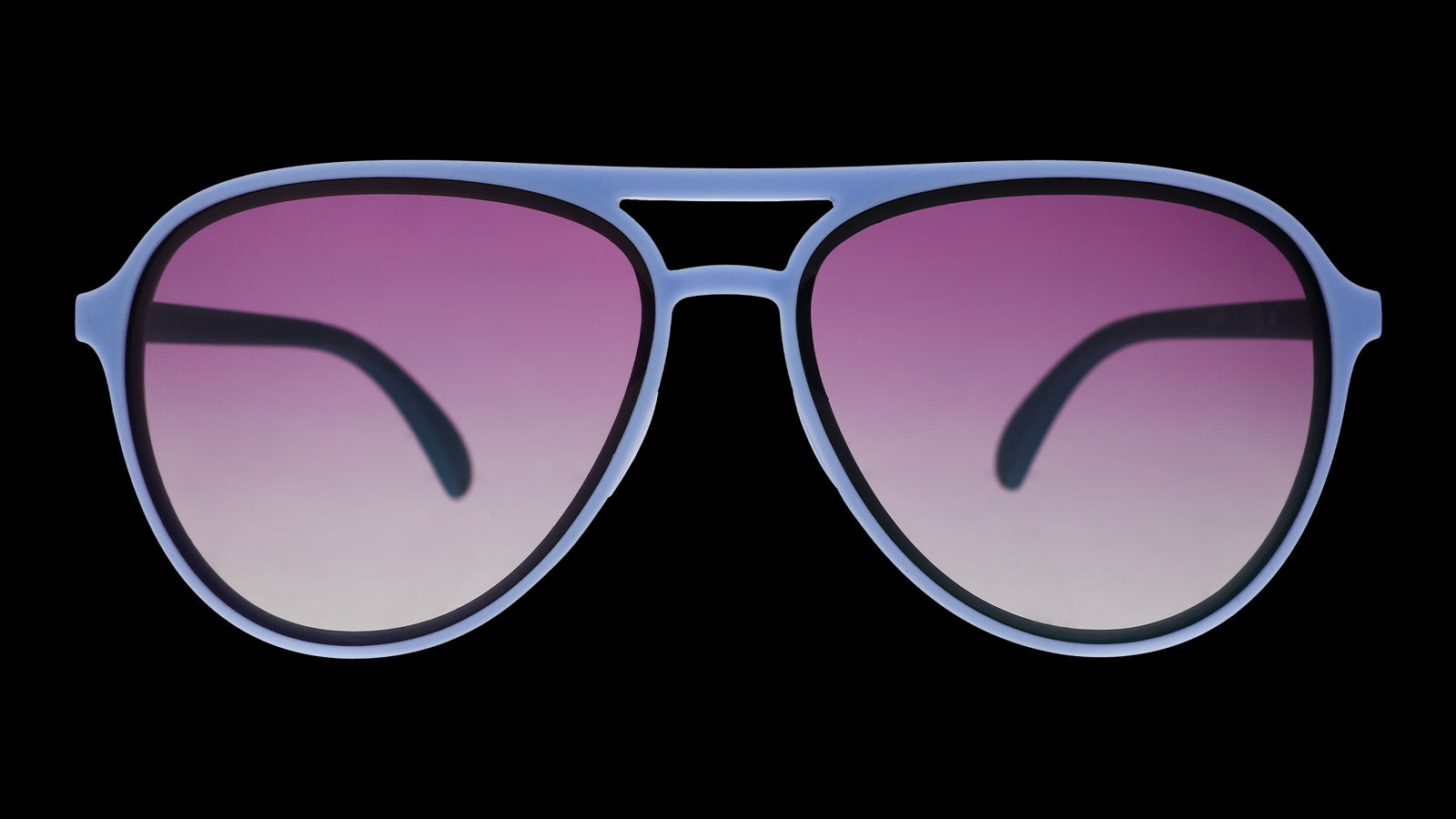 Front view of light blue aviator sunglasses with purple gradient lenses.