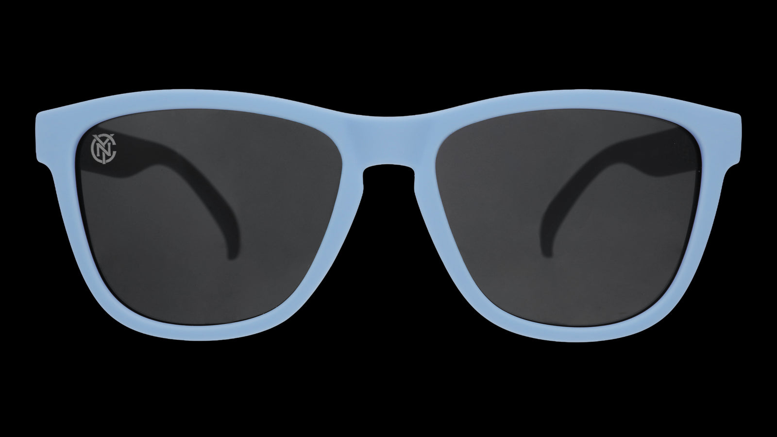 Front view of Major League Soccer NYCFC shades. Navy front frame. Black non-reflective lenses.
