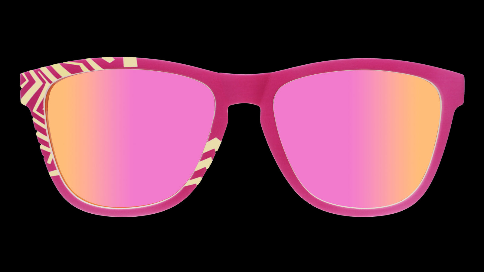 Head-on view of a pair of bright purple sunglasses with a geometric, striped yellow design on the left side of the faceplate.