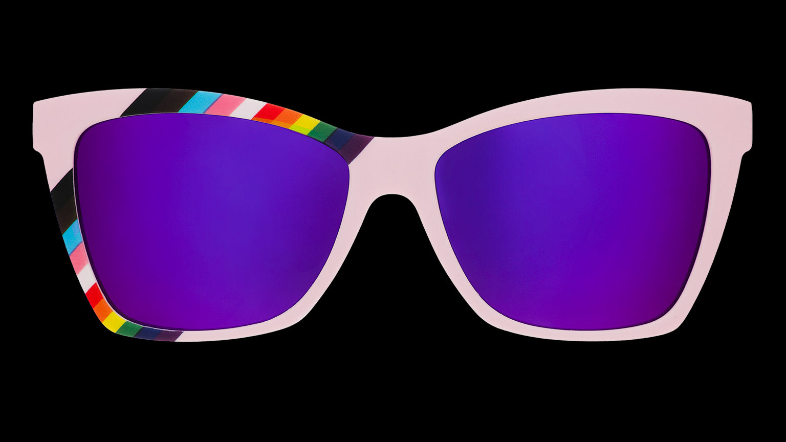 Front view of lilac angled cat-eye LGBTQ+ Pride sunglasses with a rainbow flag pattern and purple lenses.