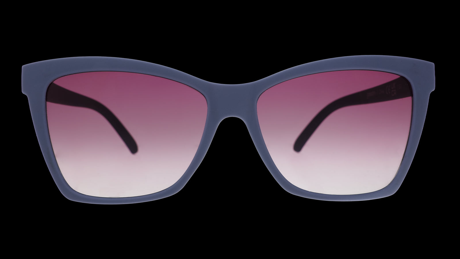 Front view of dark purple angular sunglasses with purple gradient lenses.