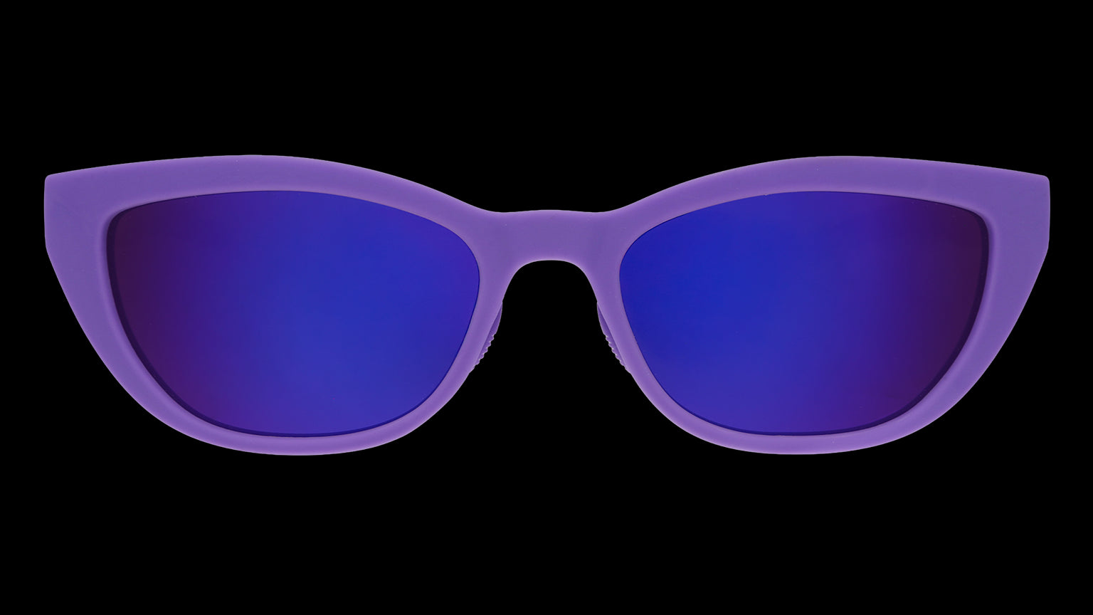 Front angle view of a pair of deep purple cat-eye Cheetah G sunglasses with purple reflective lenses.
