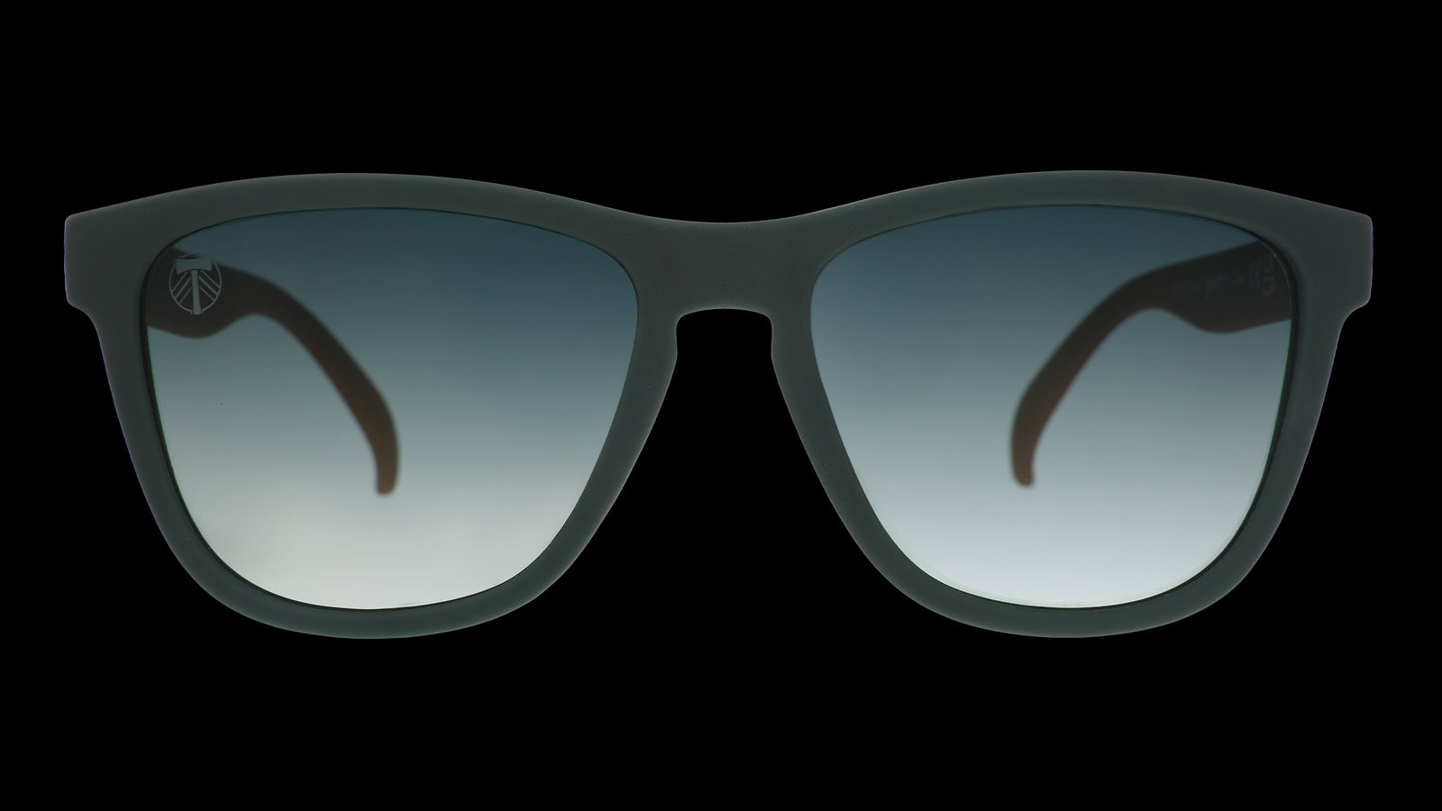 Front view of the Portland Timbers Major League Soccer sunglasses with dark green front frame and green lenses
