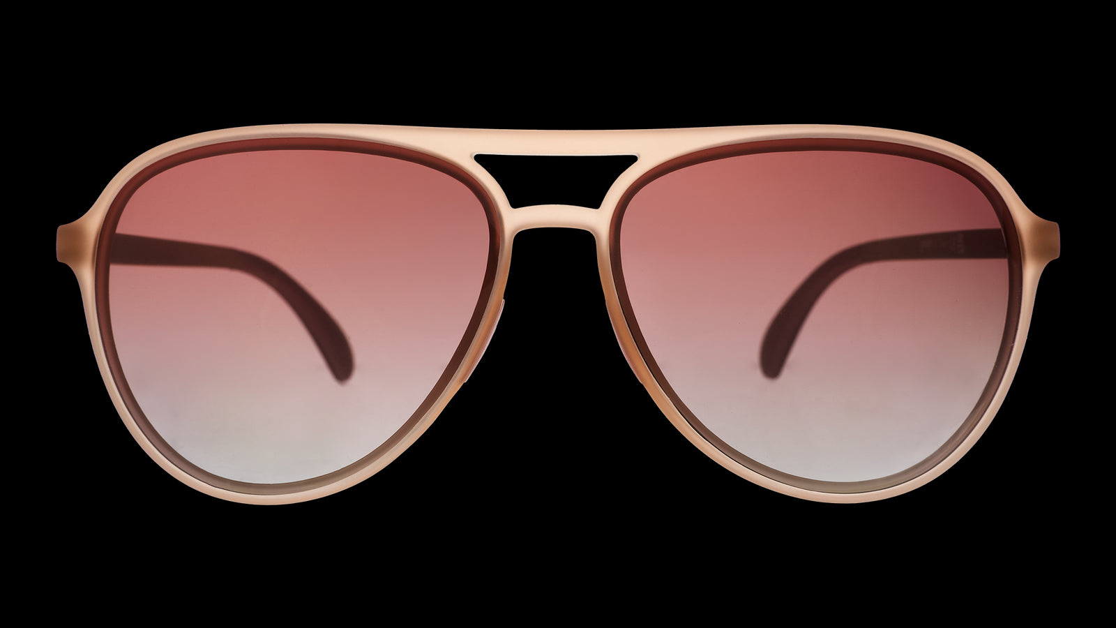 Front view of translucent pink aviator sunglasses with rose gradient lenses.