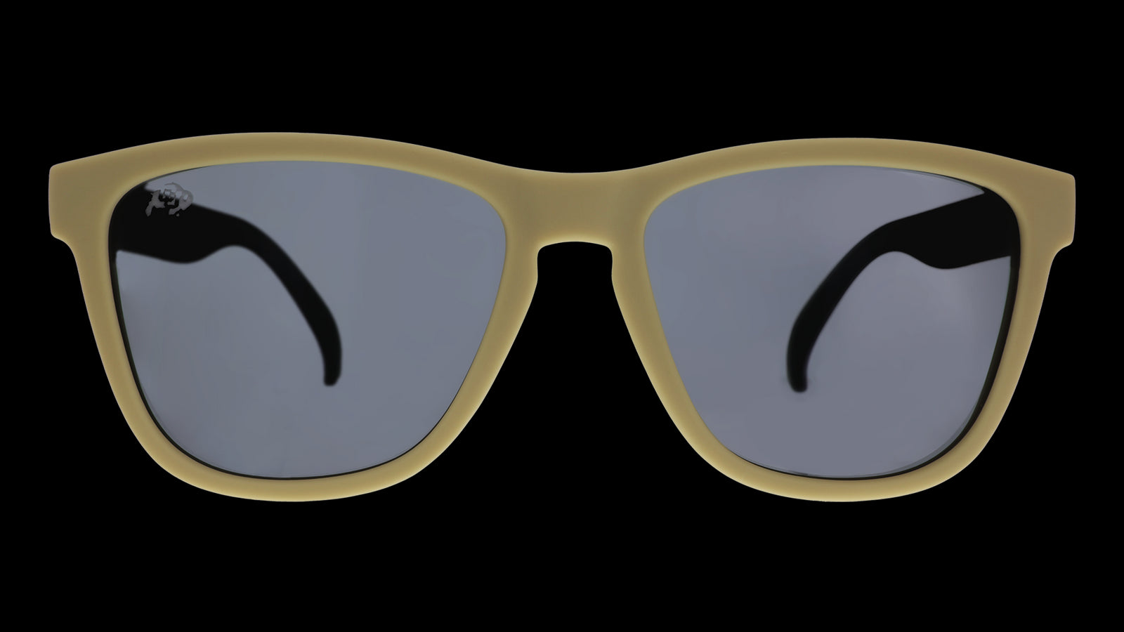 Front view of light brown and black sunglasses with black lenses.