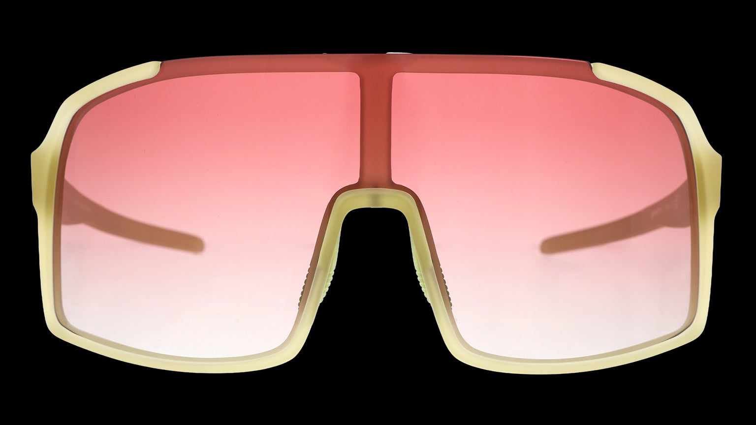 Front view of translucent chartreuse wrap sunglasses with a rose gradient shield lens.
