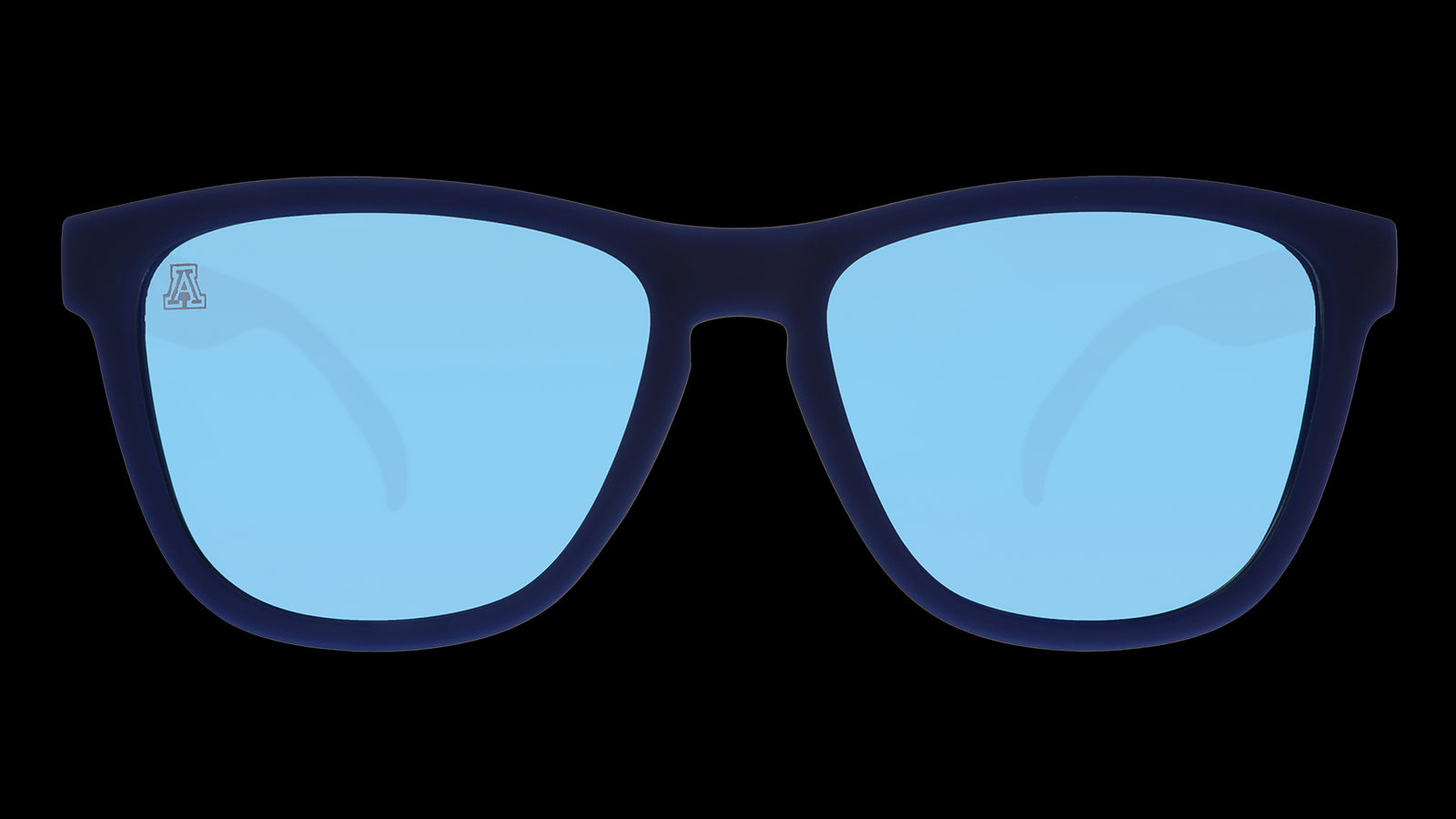 Front view of dark blue and red sunglasses with blue lenses.