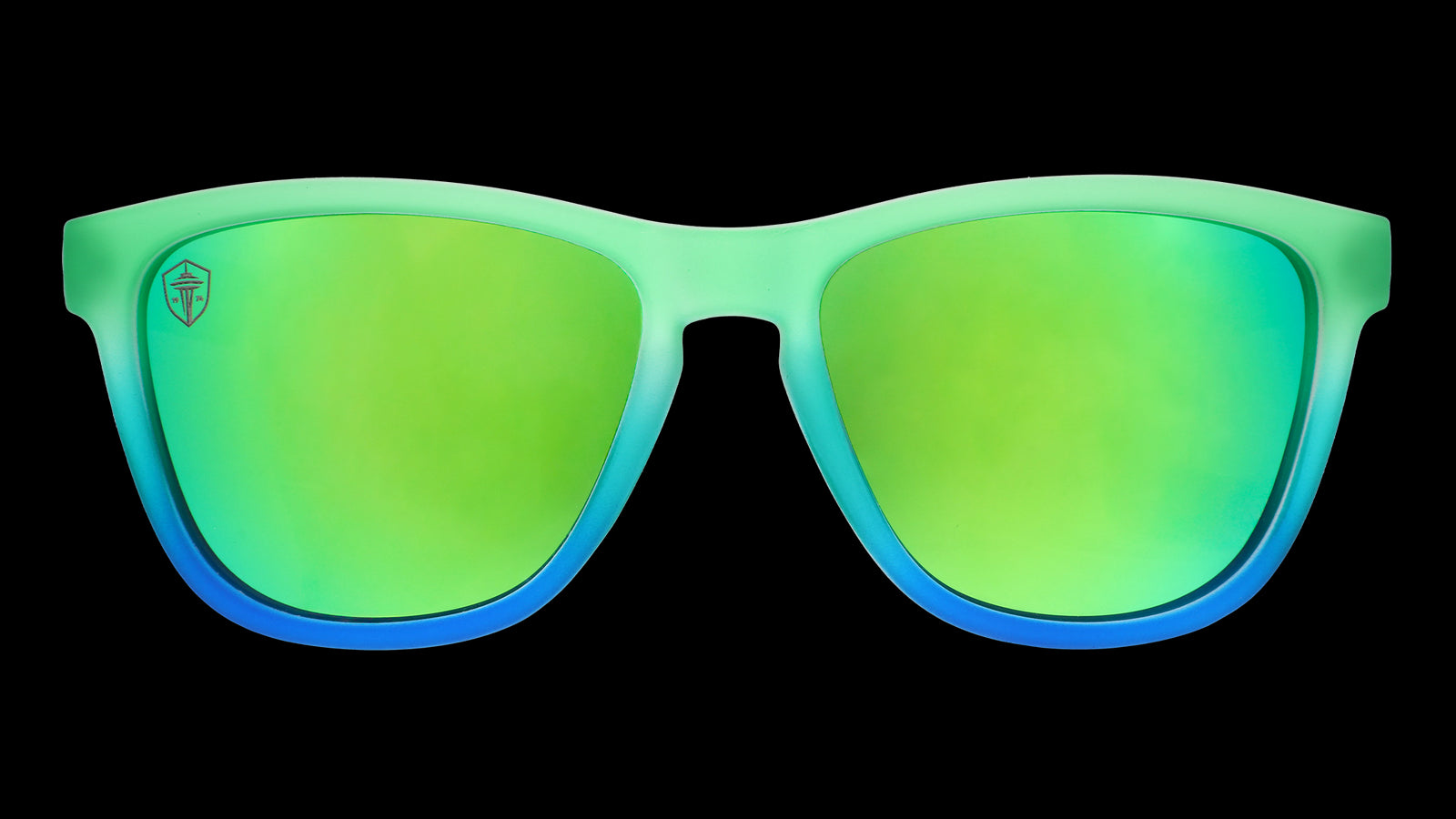 Front view of Seattle Sounders Major League Soccer sunglasses with green-blue front frame and green lenses.