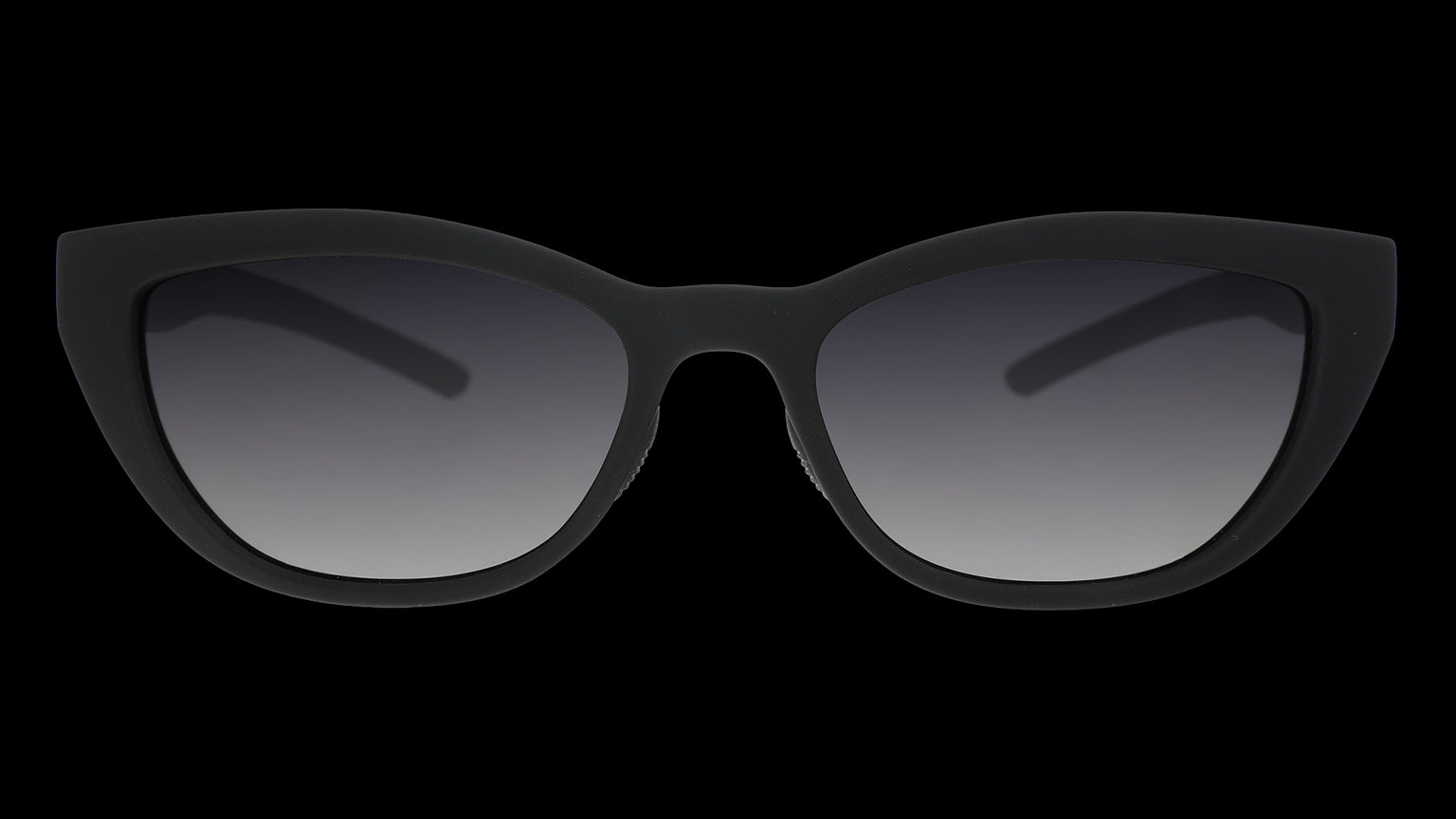 Front angle view of a pair of black cat-eye Cheetah G shades with black gradient lenses.