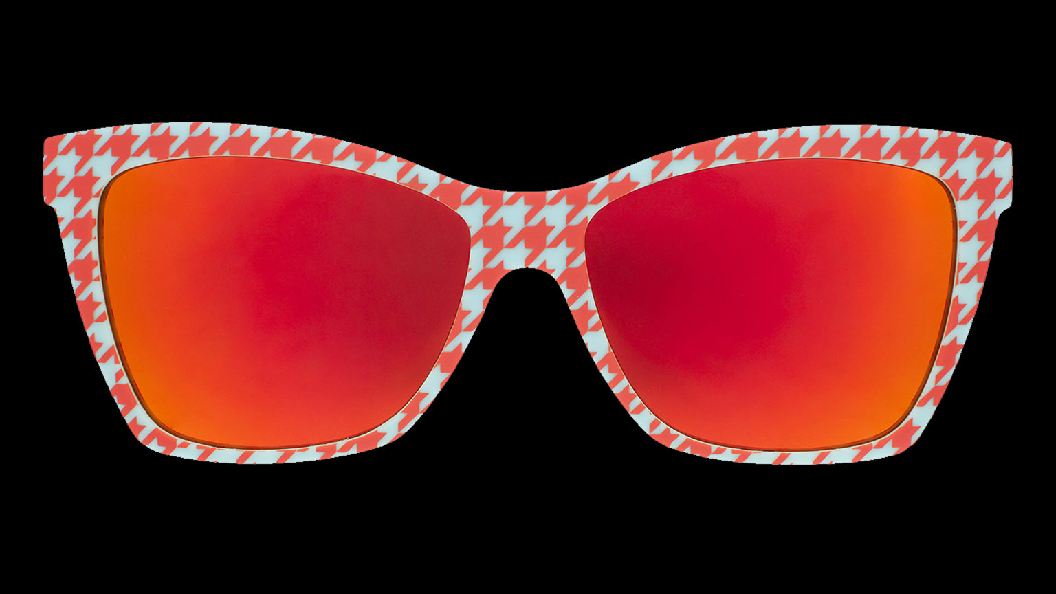 Front angle view of a pair of vibrant blue and burnt-orange houndstooth print Pop Gs with burnt-orange reflective lenses.