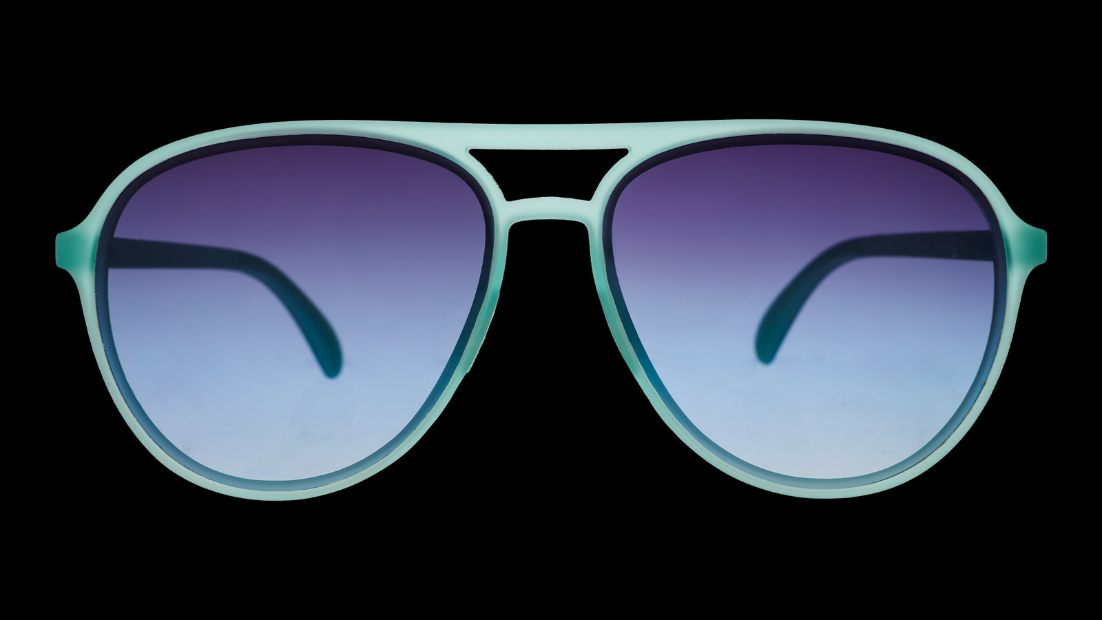 Front view of translucent teal aviator sunglasses with dark blue gradient lenses.