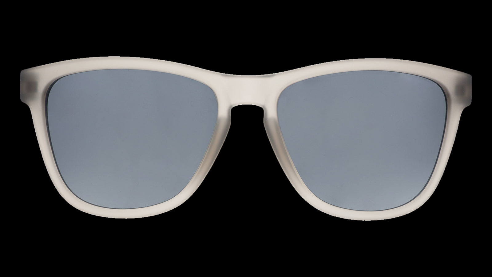 Front view of square-shaped sunglasses with translucent dark gray frames and gray polarized lenses.
