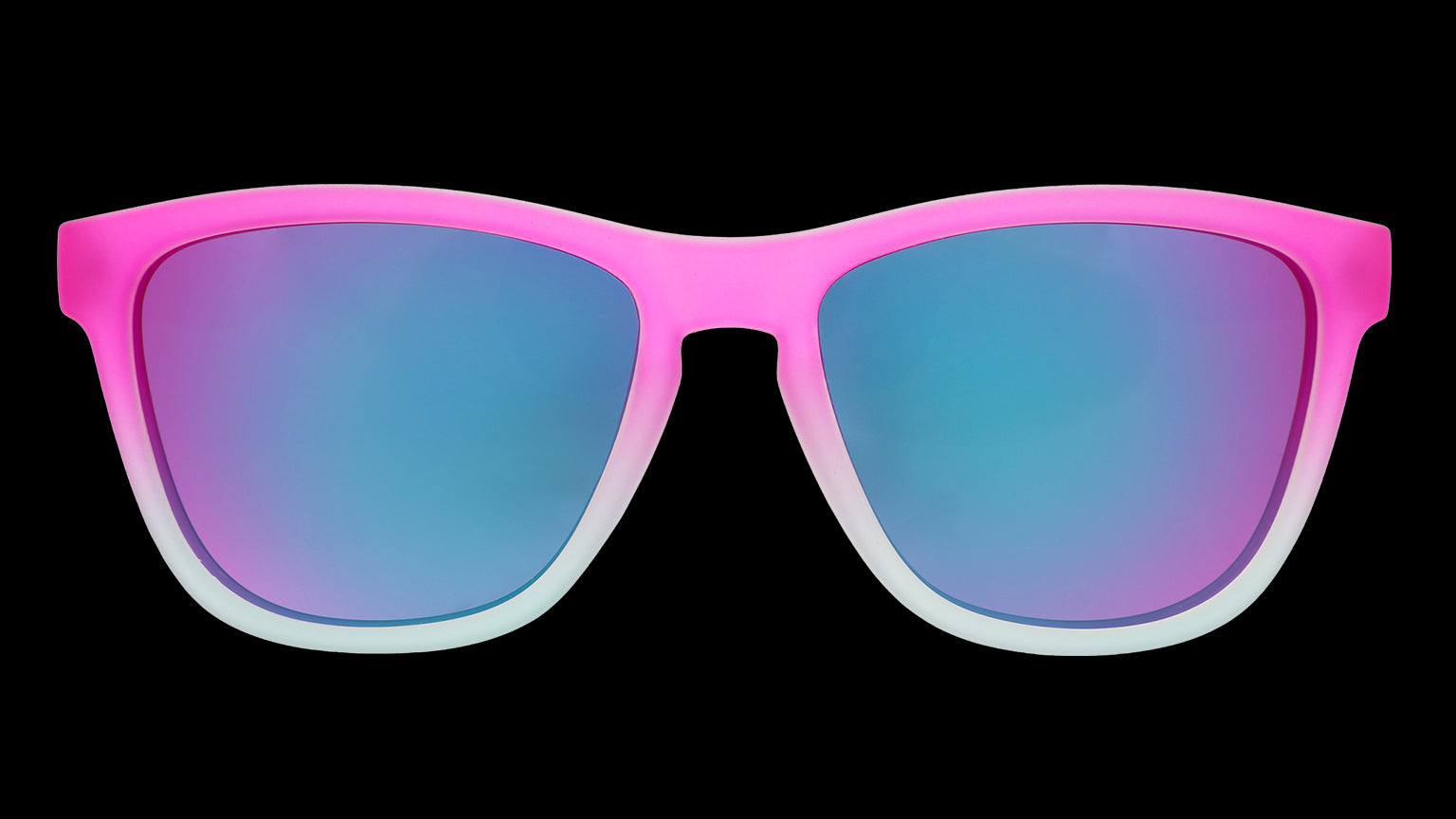 Front view of pink-to-light-blue wayfarer style sunglasses with purple-pink reflective lenses.
