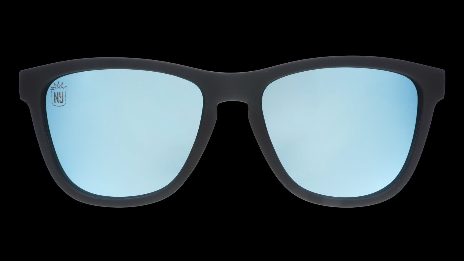 Black sunglasses with blue lenses on a white background