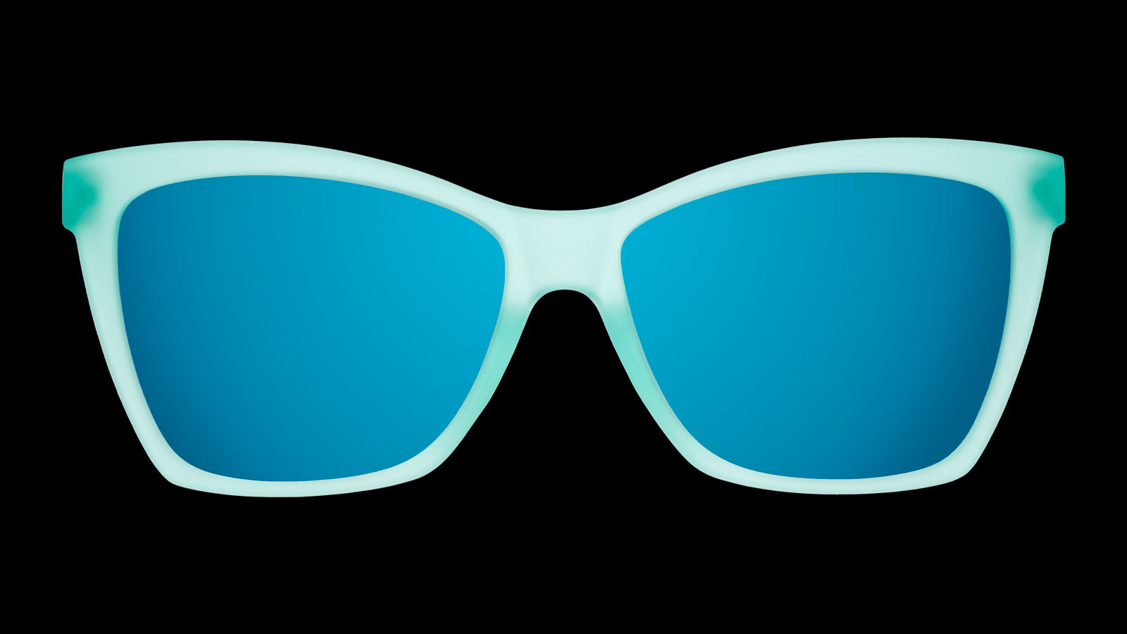 Front view of translucent teal angular sunglasses with reflective teal lenses.