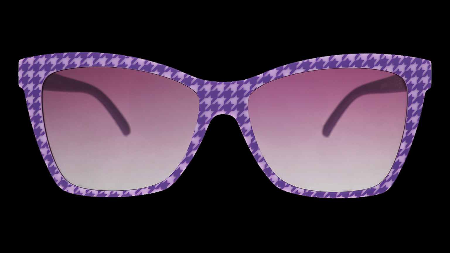 Front angle view of purple houndstooth-print Pop Gs with purple gradient lenses.