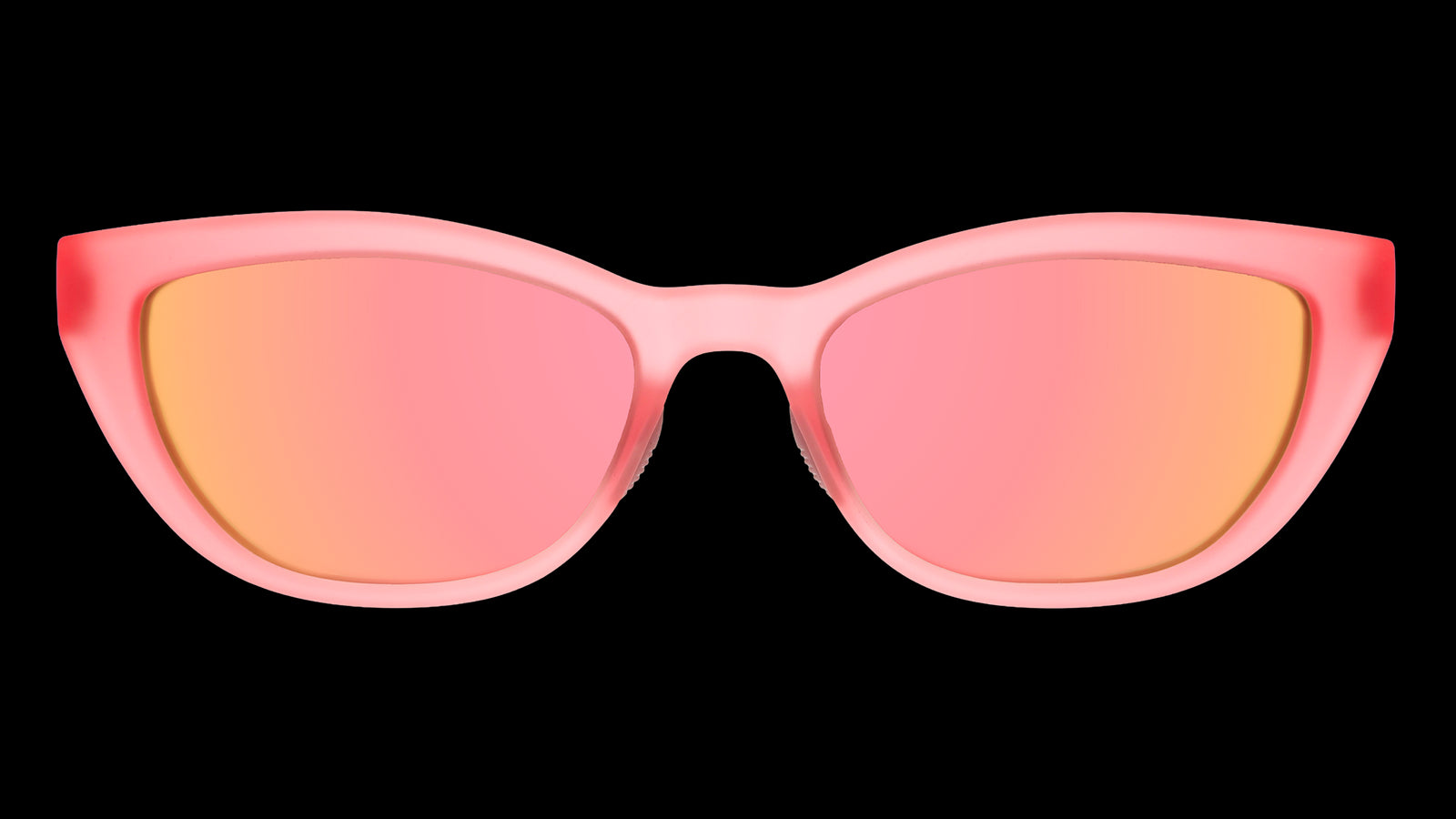 Front angle view of a pair of translucent pink cat-eye Cheetah G frames with pink champagne reflective lenses.