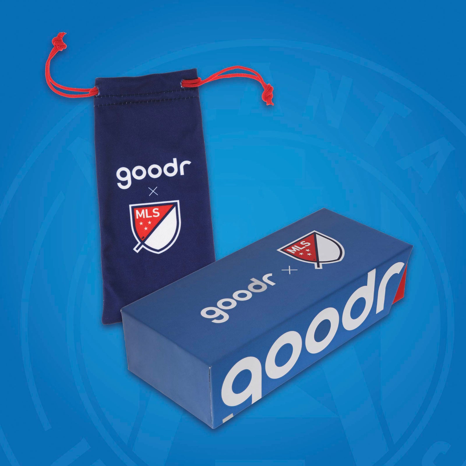 Major League Soccer-themed microfiber bag and box for MLS sunglasses on a blue background.