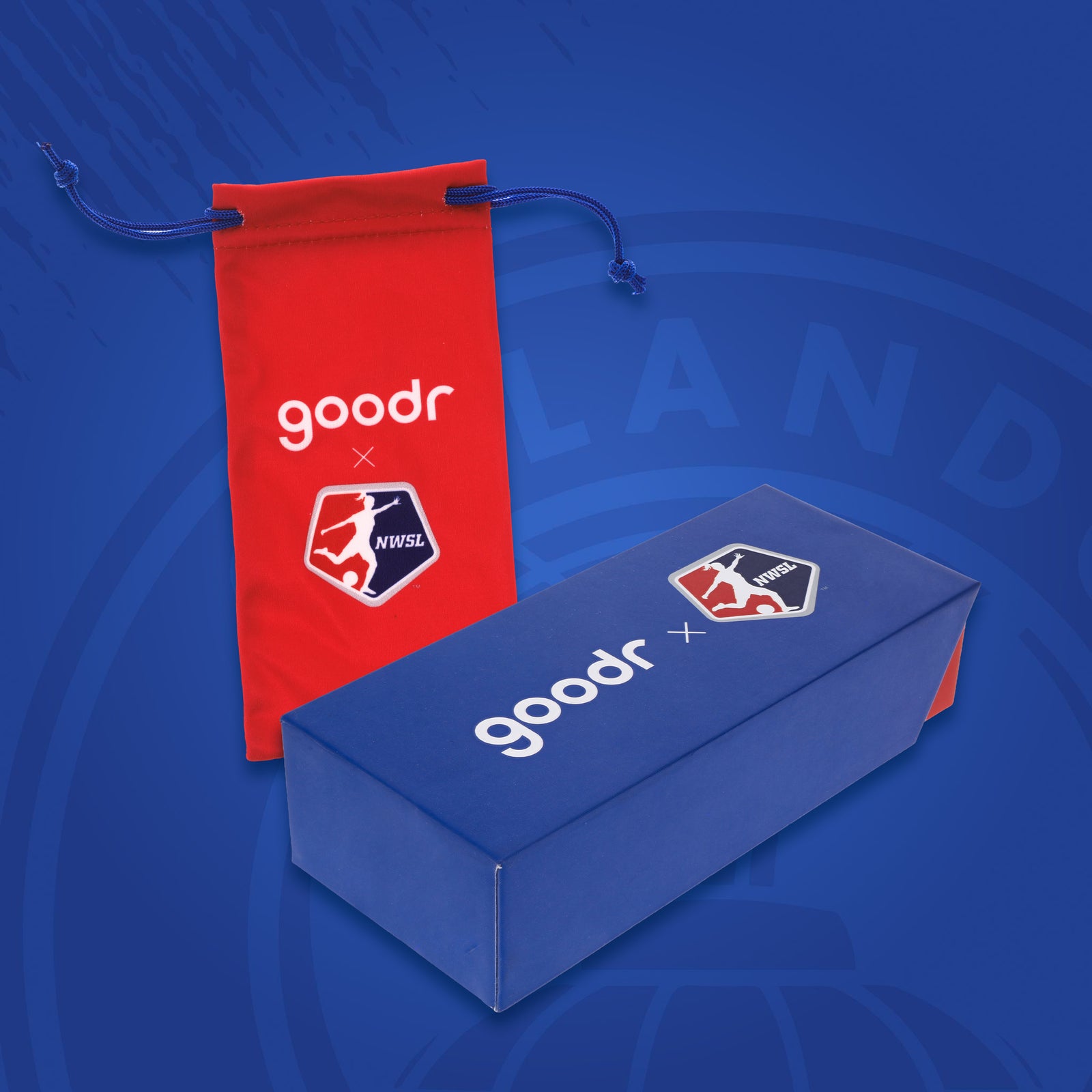 Red drawstring bag and blue box with 'goodr' and 'NWSL' logos on a blue background