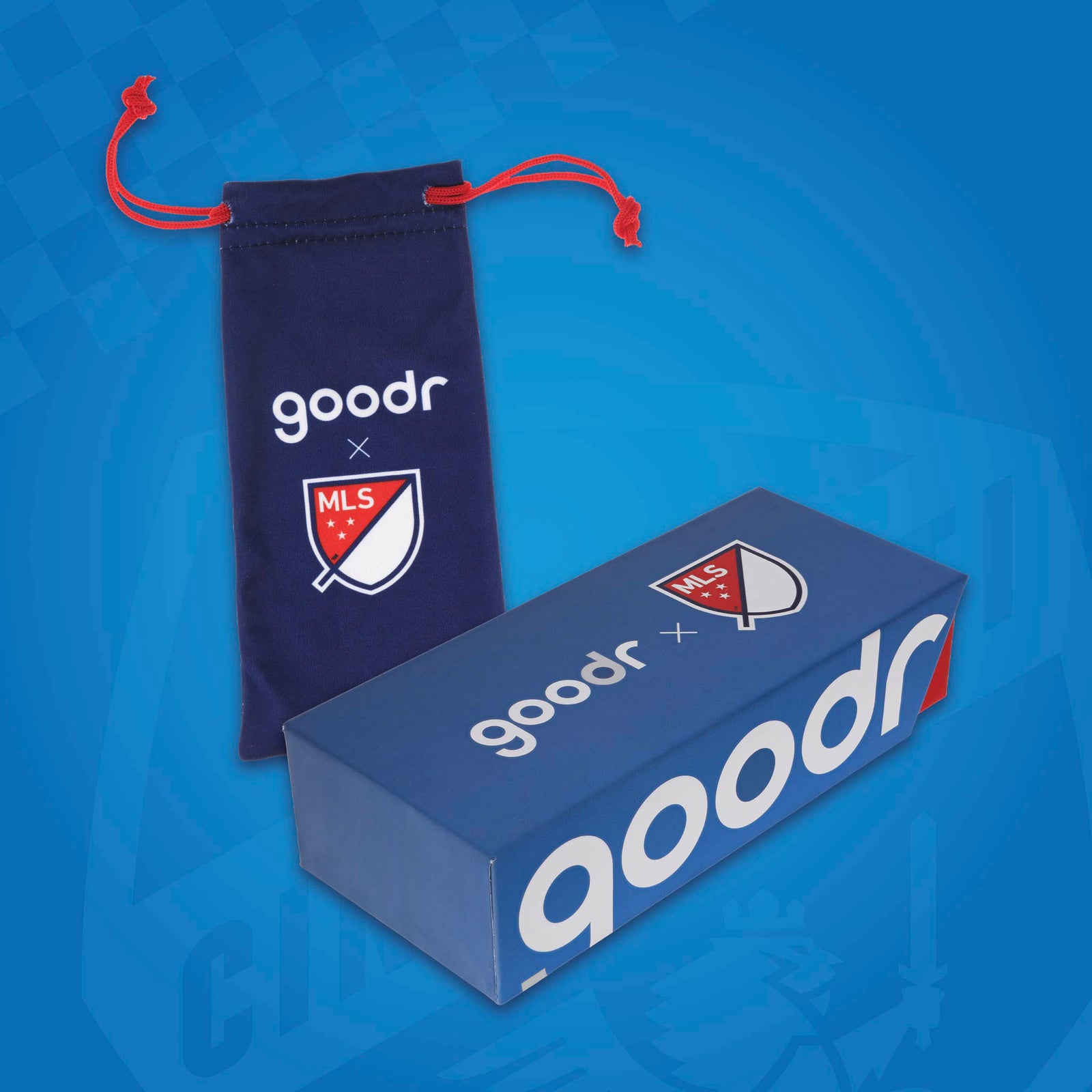 Major League Soccer-themed microfiber bag and box for MLS sunglasses on a blue background.