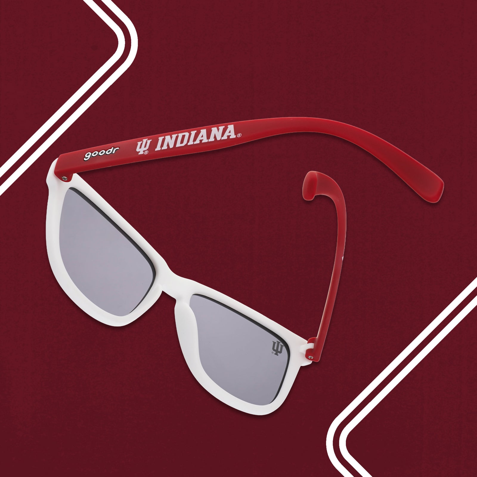 Three-quarter angle back view of Indiana University® shades with black lenses on a maroon background.